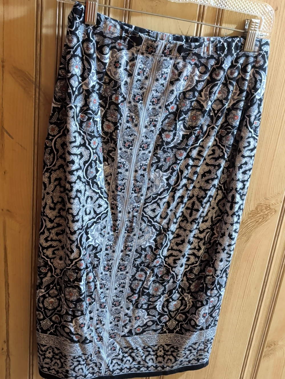 Max Studio Black Midi Skirt with White Paisley and Rust Accents